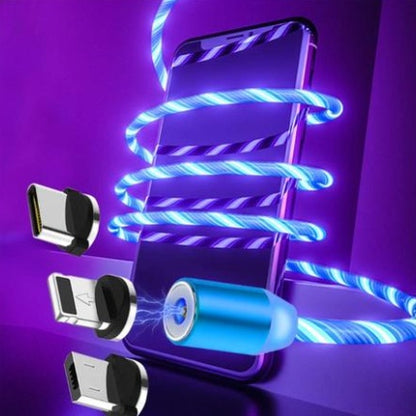 Magnetic streamer charging cable with glowing blue light wrapped around smartphone and three interchangeable connectors