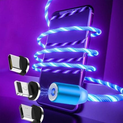 Hangzhou Jingqian magnetic streamer charging cable glowing blue wrapped around smartphone with multiple connector types