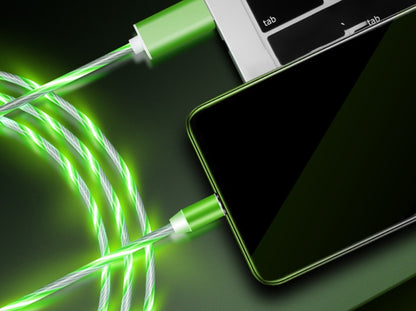 Hangzhou Jingqian magnetic streamer charging cable with glowing green light connected to laptop and smartphone