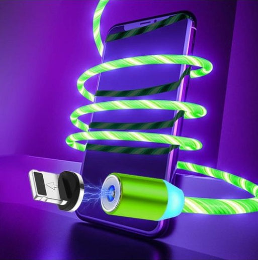 Hangzhou Jingqian magnetic streamer charging cable glowing green wrapped around smartphone