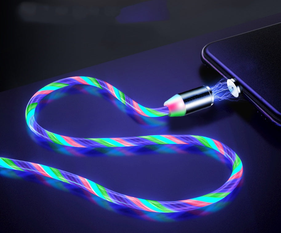 Hangzhou Jingqian magnetic streamer charging cable glowing in multiple colors connected to a smartphone