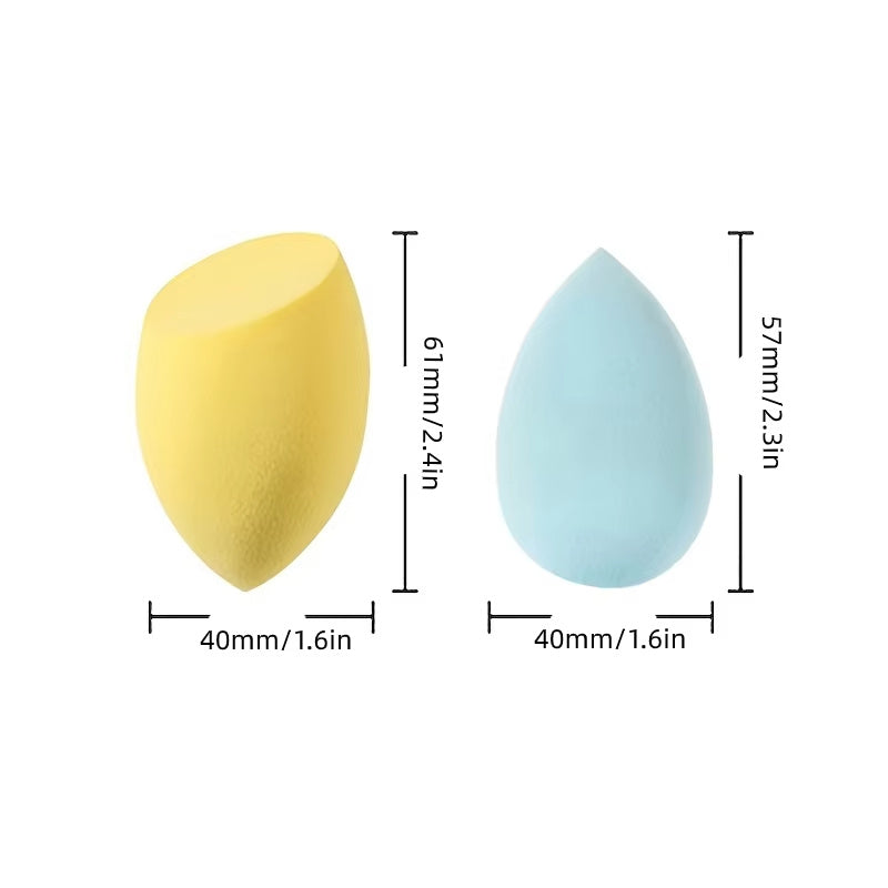 Yellow and blue makeup blender sponge cosmetic puffs with size dimensions for foundation application