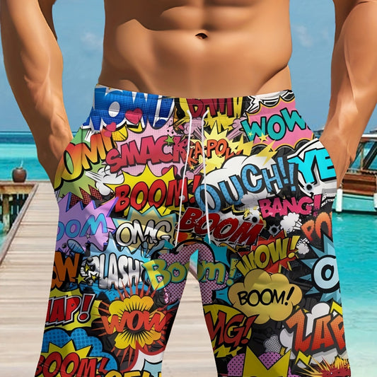 Men's summer 2025 pants with vibrant comic book print, perfect for a stylish look at the beach