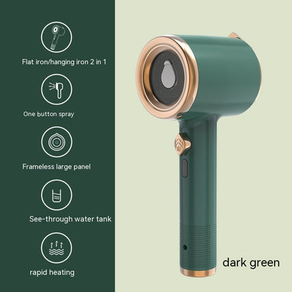 Dark green mini handheld garment steamer with flat iron function and see-through water tank