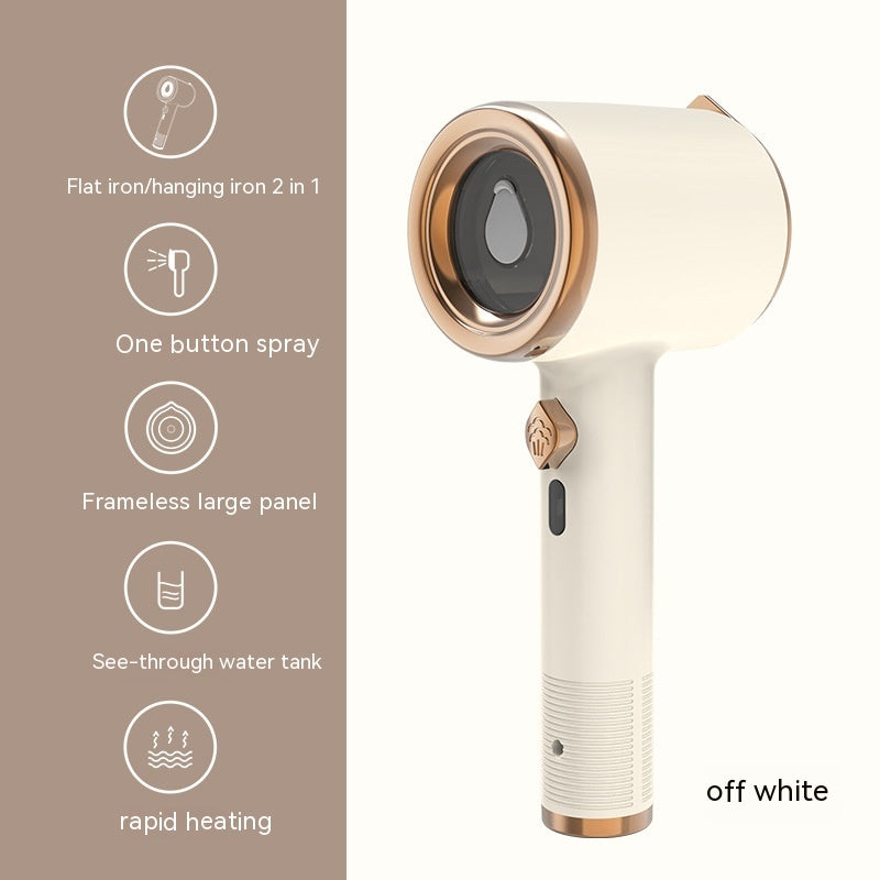 Off white mini handheld garment steamer with flat iron and hanging iron 2 in 1 feature