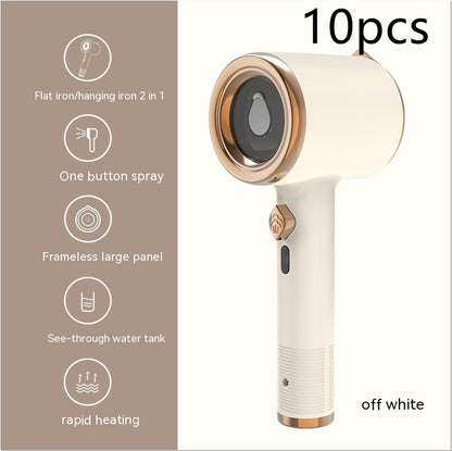 Off white mini handheld garment steamer with frameless large panel and see through water tank