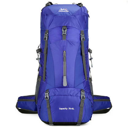 Blue mountaineering bag 70L with hip belt and multiple straps large capacity hiking backpack for trekking