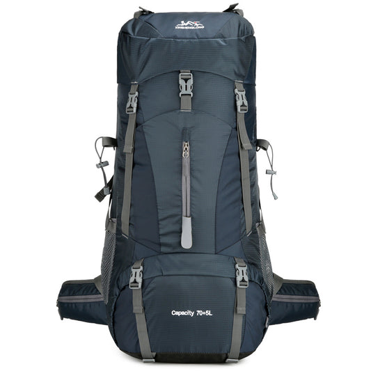 Dark gray mountaineering bag with top lid front zipper hip belt pockets and straps large capacity hiking backpack