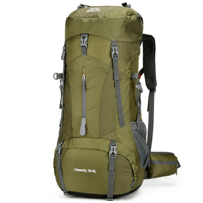 Olive green mountaineering bag large with hip belt and multiple straps large capacity hiking backpack 70L