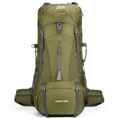 Olive mountaineering pack with hip pockets and compression straps 70 liter plus 5 liter large capacity hiking backpack