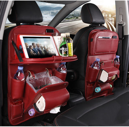 Multifunction car seat tray organizer in red waterproof hanging bag with multiple storage compartments