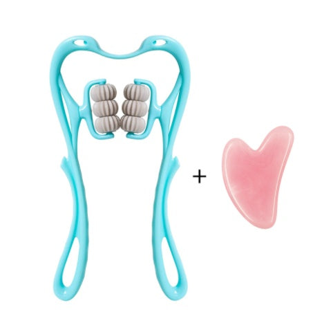 Multifunctional neck massage roller tool with six massage wheels and a pink gua sha scraping tool