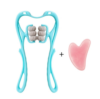 Multifunctional neck massage roller tool with six massage wheels and a pink gua sha scraping tool