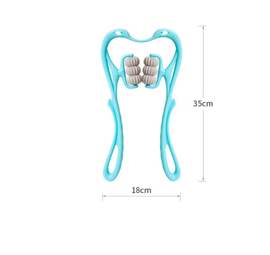 Multifunctional neck massage roller tool in blue with six wheels for manual neck relaxation