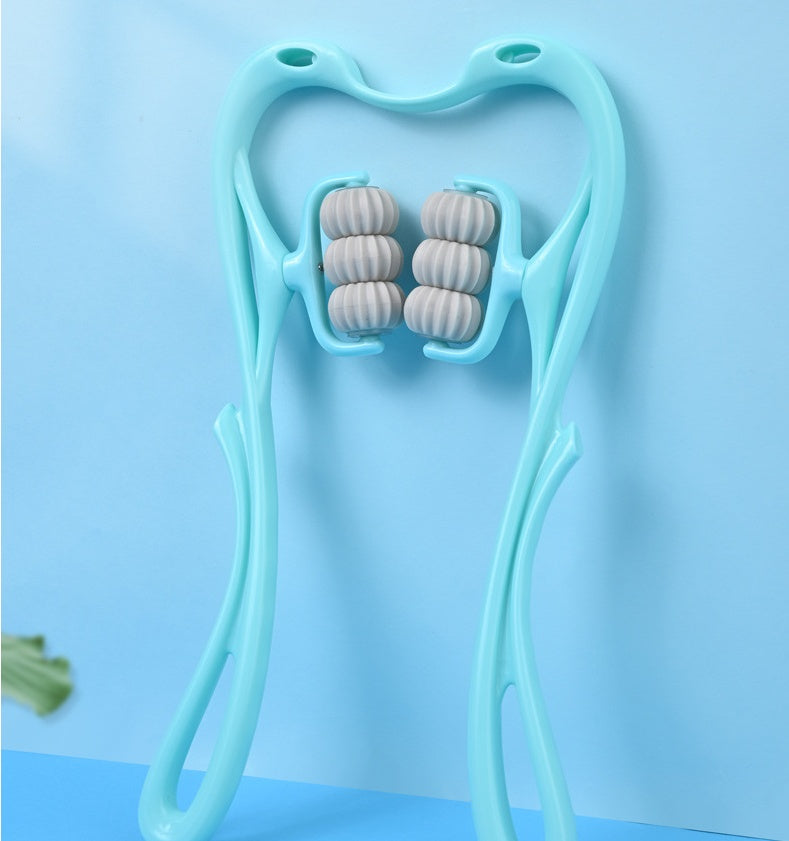 Blue multifunctional neck massage roller tool with six gray rolling wheels for manual neck relief