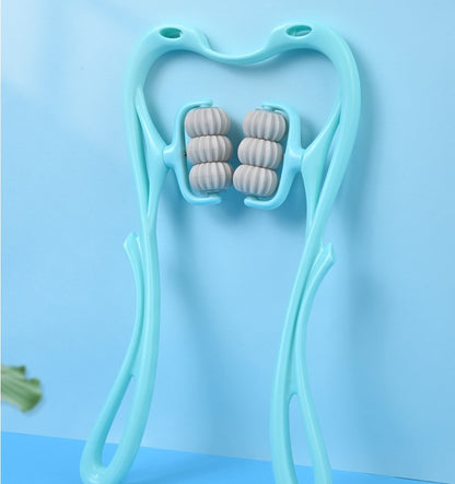 Blue multifunctional neck massage roller tool with six gray rolling wheels for manual neck relief