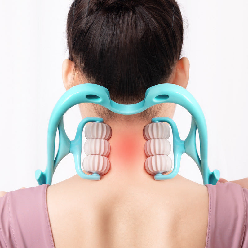 Multifunctional neck massage roller tool with six wheels used on back neck for muscle relief
