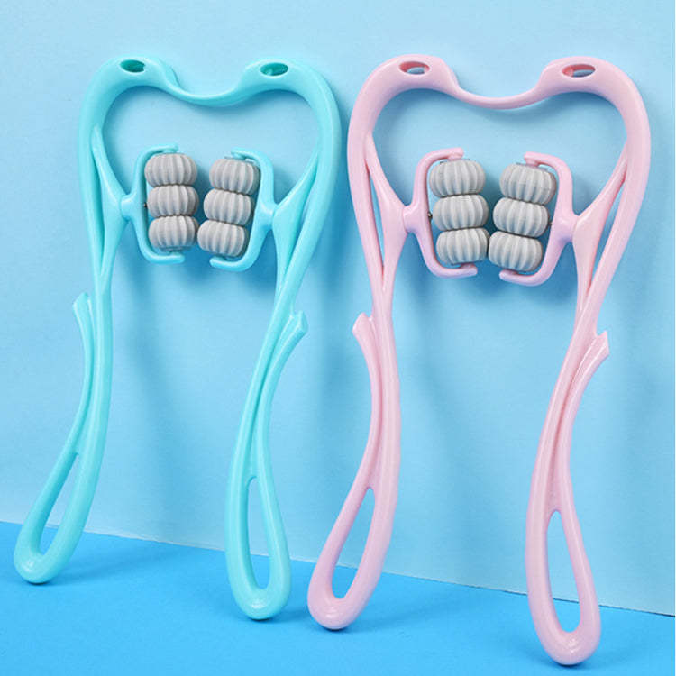 Blue and pink multifunctional neck massage roller tool with six manual wheels for muscle relief
