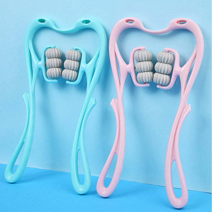 Blue and pink multifunctional neck massage roller tool with six manual wheels for muscle relief