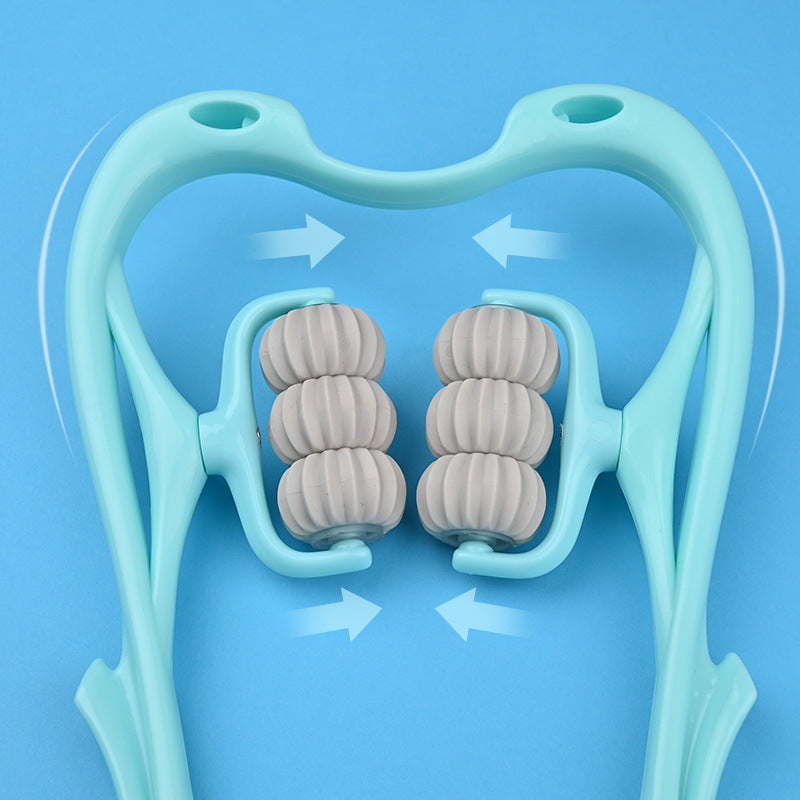 Multifunctional neck massage roller tool with six gray wheels and light blue frame for manual massage