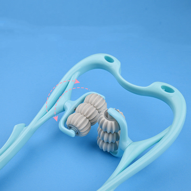 Multifunctional neck massage roller tool in light blue with six manual massage wheels for muscle relief