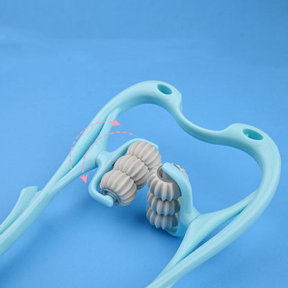 Multifunctional neck massage roller tool in light blue with six manual massage wheels for muscle relief