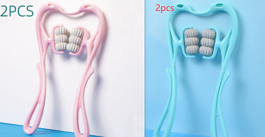 Multifunctional neck massage roller tool with six wheels in pink and blue for manual neck relief