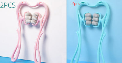 Multifunctional neck massage roller tool with six wheels in pink and blue for manual neck relief