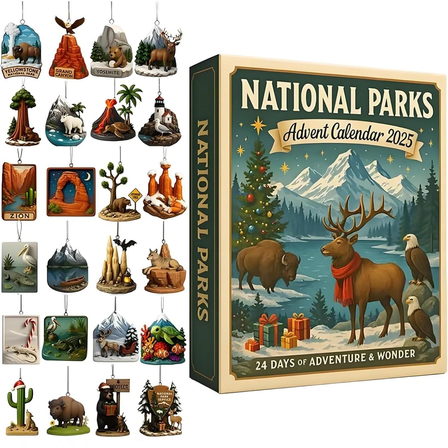 National Parks Advent Calendar featuring 24 unique ornaments celebrating nature and adventure