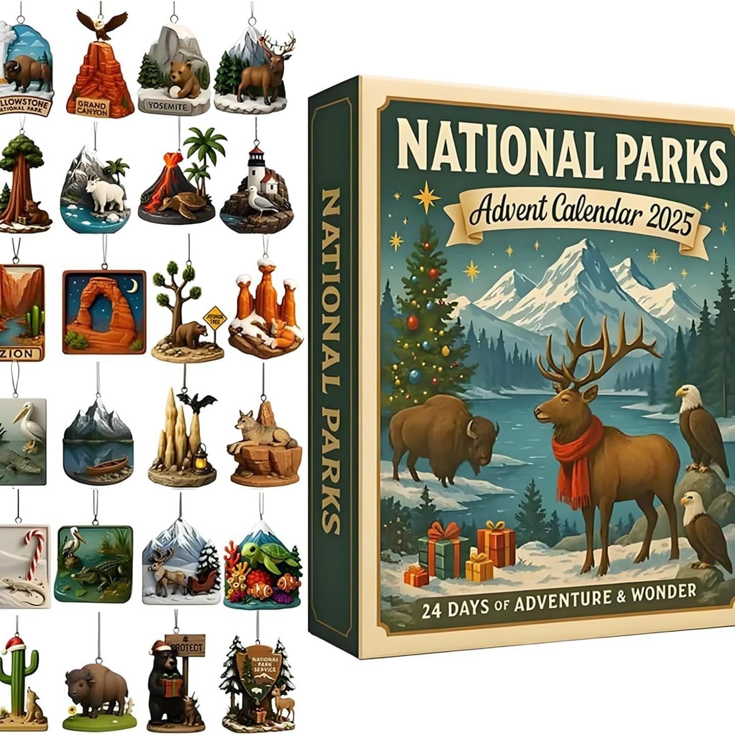National Parks Advent Calendar with 24 unique ornaments celebrating famous U.S. national parks