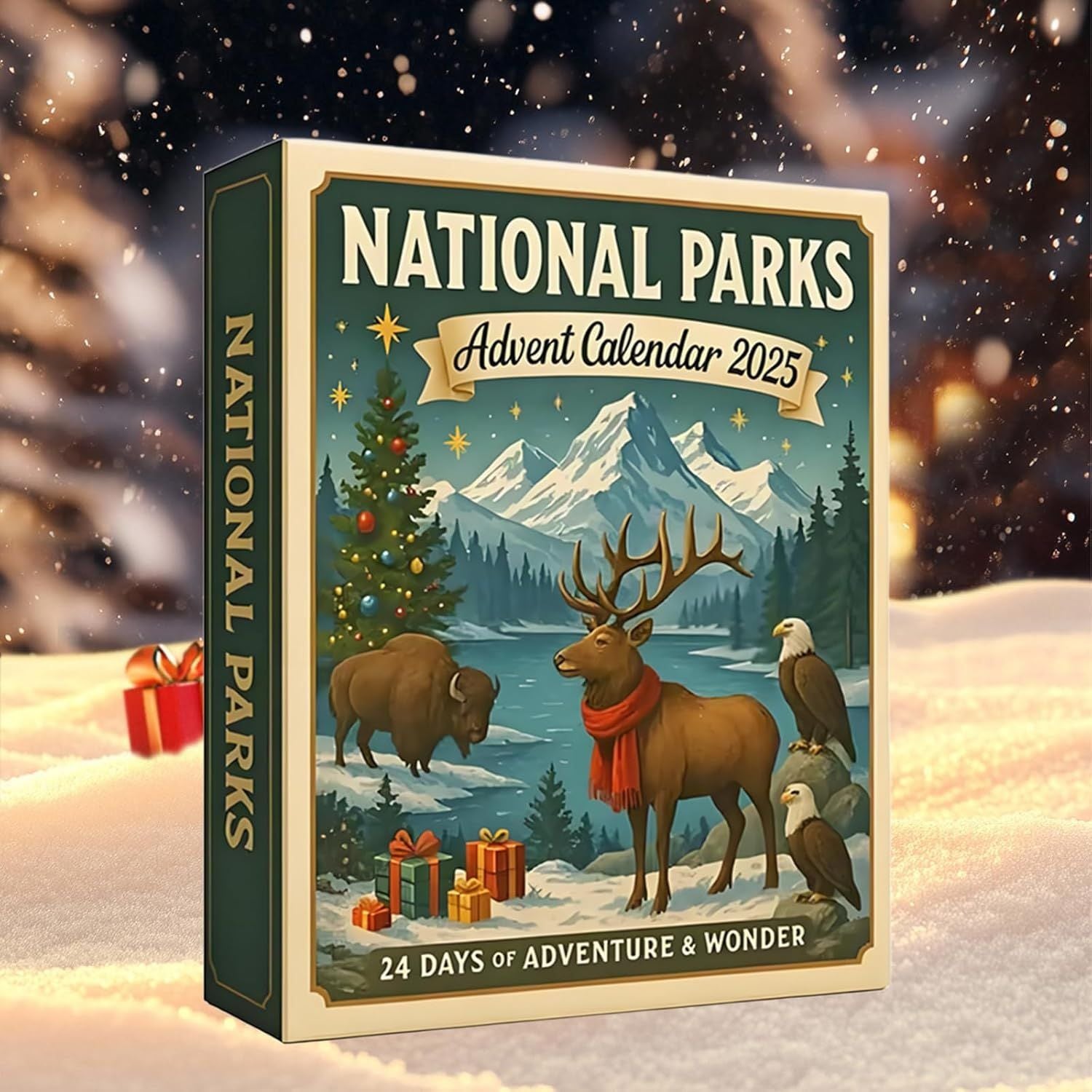 National Parks Advent Calendar 2025 featuring wildlife, mountains, and holiday decorations for a festive countdown