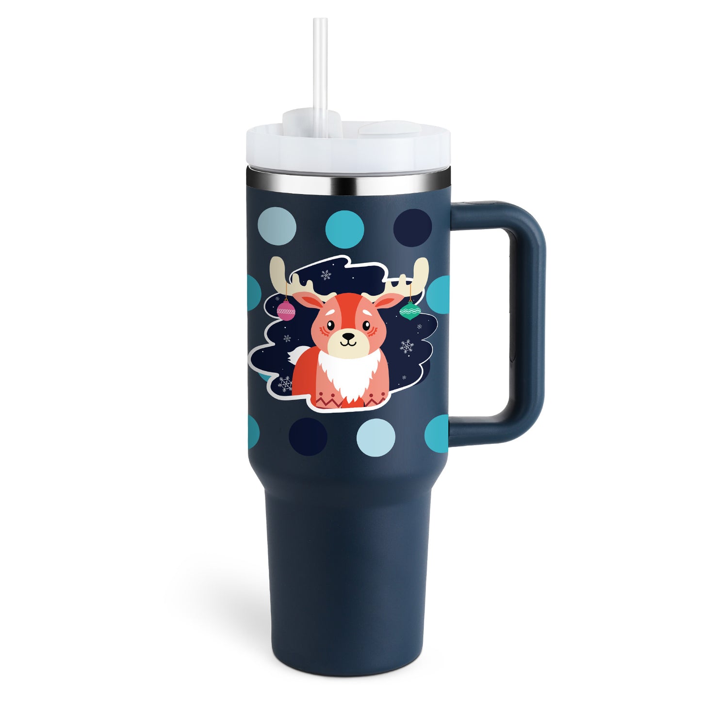 40 oz insulated tumbler with handle featuring a navy blue tapered mug design and a cute reindeer graphic