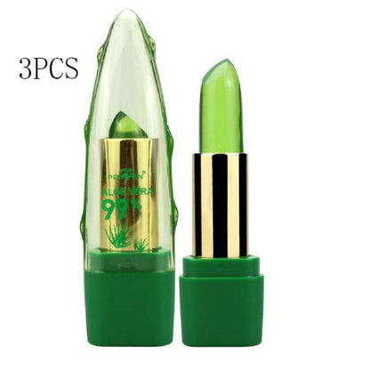 Aloe vera color changing lipstick with green aloe-inspired packaging and transparent cap