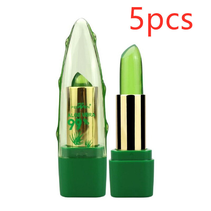 Yiwu Renfan aloe vera color changing lipstick in green gel with aloe design and gold tube
