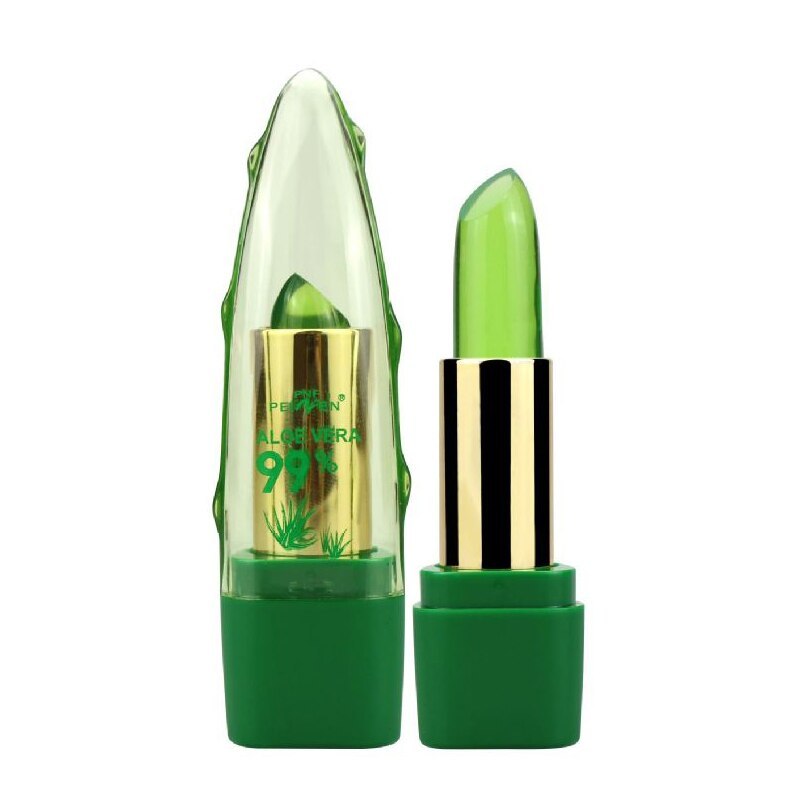 Yiwu Renfan aloe vera color changing lipstick with green gel and transparent aloe-shaped cap