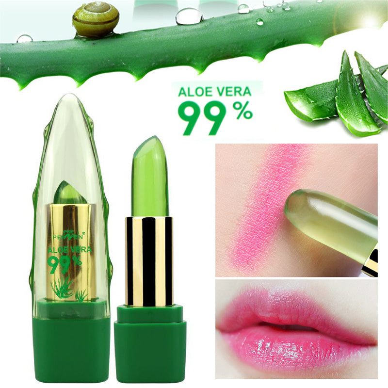Aloe vera color changing lipstick with 99% aloe vera, transforming from green gel to pink tint on lips