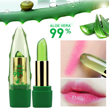 Aloe vera color changing lipstick with 99% aloe vera, transforming from green gel to pink tint on lips