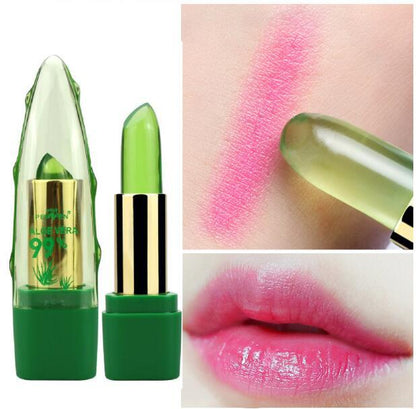 Yiwu Renfan aloe vera color changing lipstick with green gel transforming to pink on lips