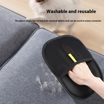 Black pet hair remover mitt glove removing pet hair from gray fabric couch