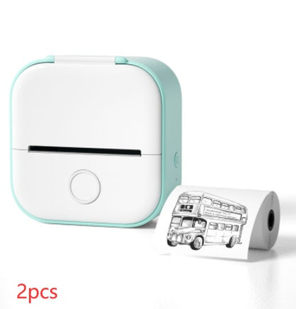 Hangzhou Jingqian portable mini label printer in white and mint green with printed bus illustration