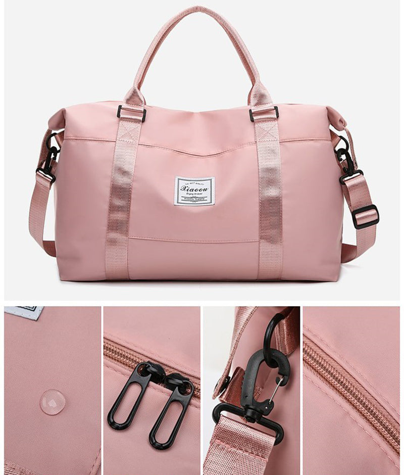 Stylish pink women's travel duffel bag with multiple pockets and adjustable straps