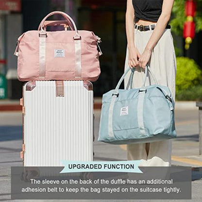 Stylish pink women's travel duffel bag designed for easy attachment to luggage for convenience