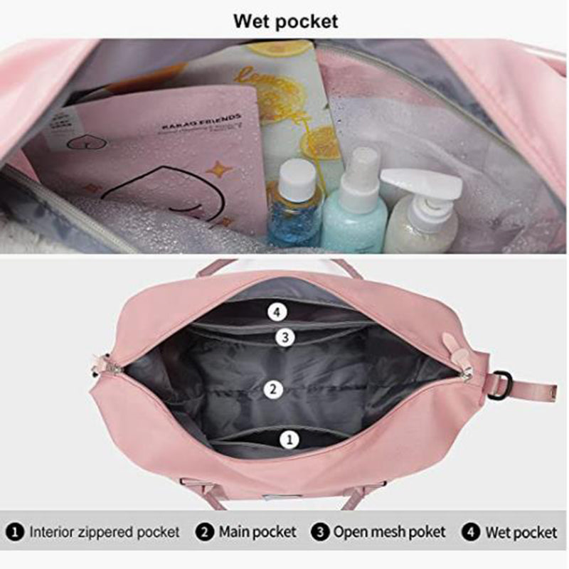 Interior view of pink women's travel duffel bag showing multiple compartments and wet pocket for organization