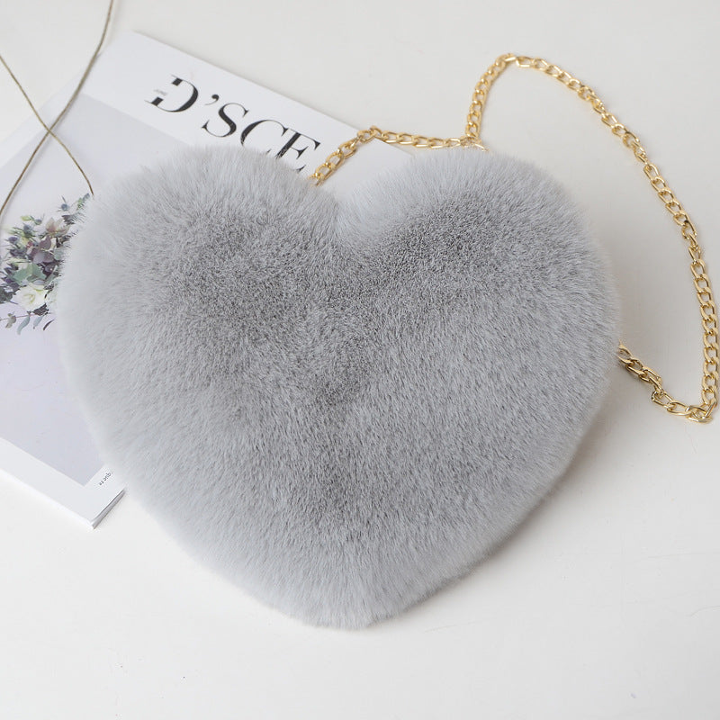 Gray plush heart shoulder bag for women with a stylish gold chain strap