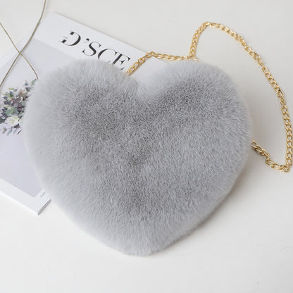Gray plush heart shoulder bag for women with a stylish gold chain strap