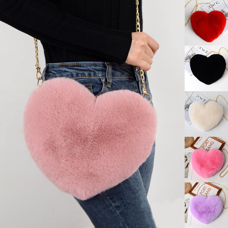Soft pink plush heart shoulder bag for women with stylish gold chain strap