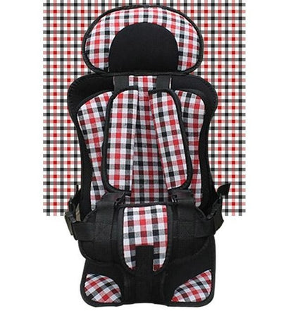 Box of Pandora portable baby car seat with red black and white checkered pattern and safety harness