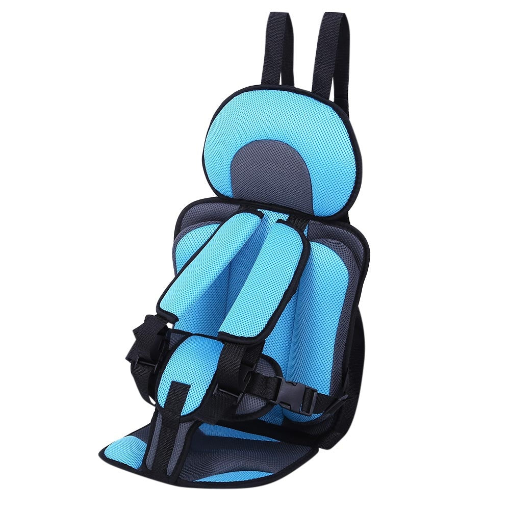 Box of Pandora portable baby car seat in blue and black mesh with adjustable safety straps