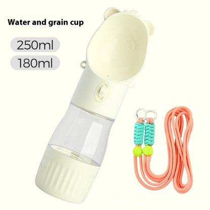 Hangzhou Jingqian portable dog water bottle with water and grain cup and attached leash in beige and clear