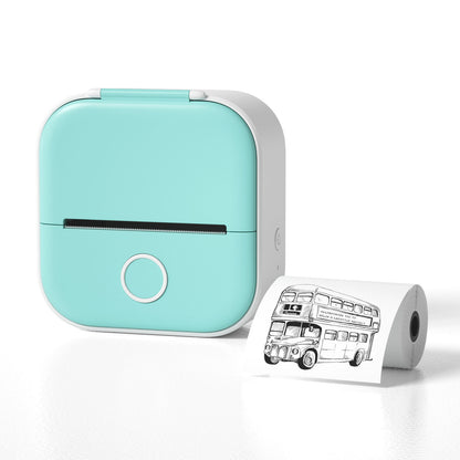 Hangzhou Jingqian portable mini label printer in mint green printing a bus sketch on thermal paper